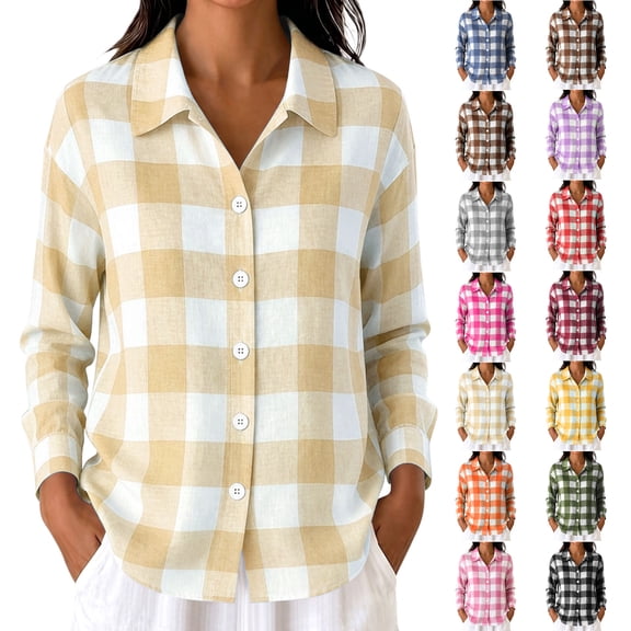 Checkered Shirt for Women Collared Long Sleeve Gingham Plaid Shirts Loose Fit Button Front Casual Everyday Blouse