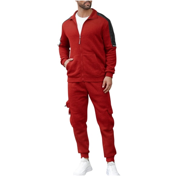 Men Tracksuit Set, Long Sleeve Polo Shirt with Zipper Pockets, Casual Joggers with Elastic Waistband, Two Piece Outfit for Home, Daily Wear, Light Activity