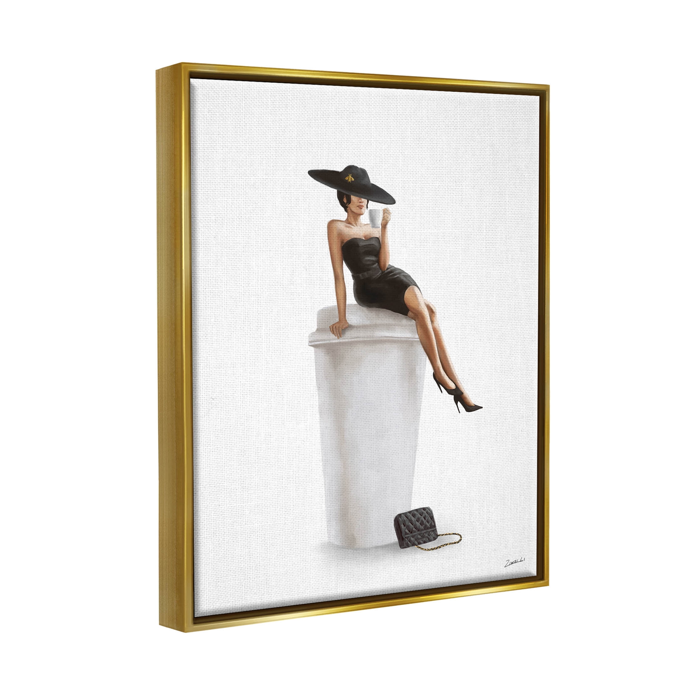 Stupell Industries Trendy Black Dress Fashionable Woman Graphic Art Metallic Gold Floating Framed Canvas Print Wall Art, Design by Ziwei Li