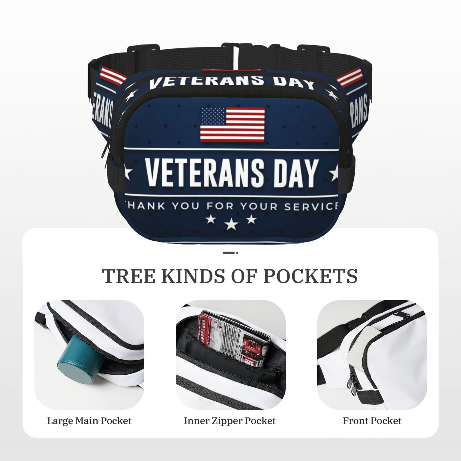 Picia Happy Veterans Day Print Square Double-Layer Waist Bag Mini Adjustable Waist Belt Bag Exercise Running Travel Hiking