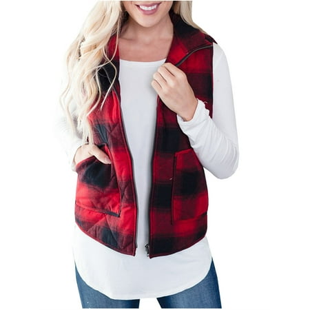 Plaid Pattern Autumn Winter Women Zipper Cotton Warm Vest Coat