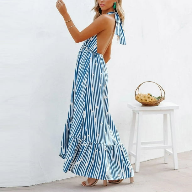 Summer Casual Maxi Dress for Women Halter V Neck Backless Sleeveless Long Dress Printing Tiered Beach Dress