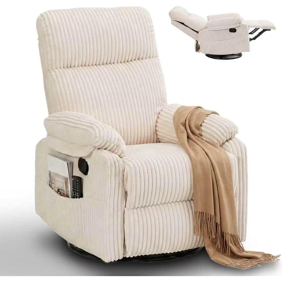 Beige Rocking Chair Nursery Recliners, Small Recliner Rocking Chair for Small Spaces, Manual Swivel Glider Recliner for Living Room Bedroom Office, Corduroy,Adjustable Backrest & Footrest (Beige)