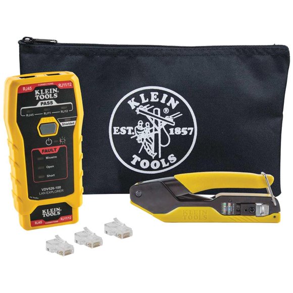 Klein Tools VDV026-813 RJ45 Kit de Testeur de Câble Ethernet et de Sertisseuse, Technologie Pass-Thru, Comprend des Connecteurs pour Applications de Données Cat5e / CAT6, Lot de 50