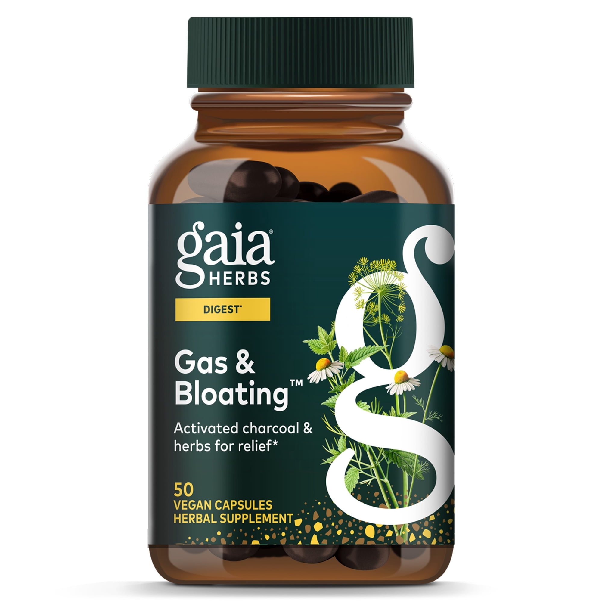 Gaia Herbs Gas & Bloating - Provides Relief from Occasional Gas & Bloating* - With Activated Charcoal, Fennel & Chamomile - 50 Vegan Capsules (25 Servings)