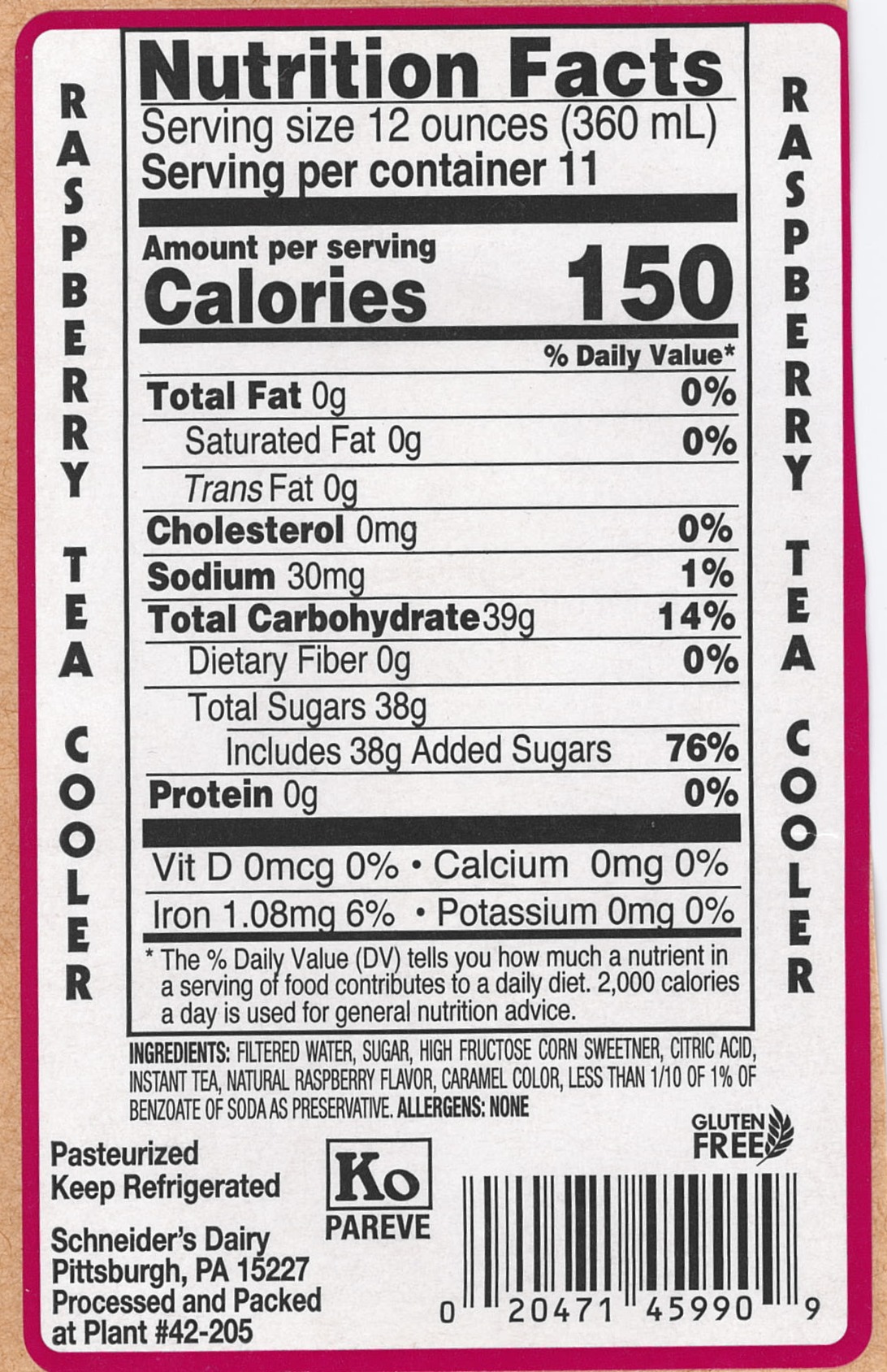 Schneider's, Raspberry Iced Tea Cooler, 1 Gallon, Naturally Caffeinated