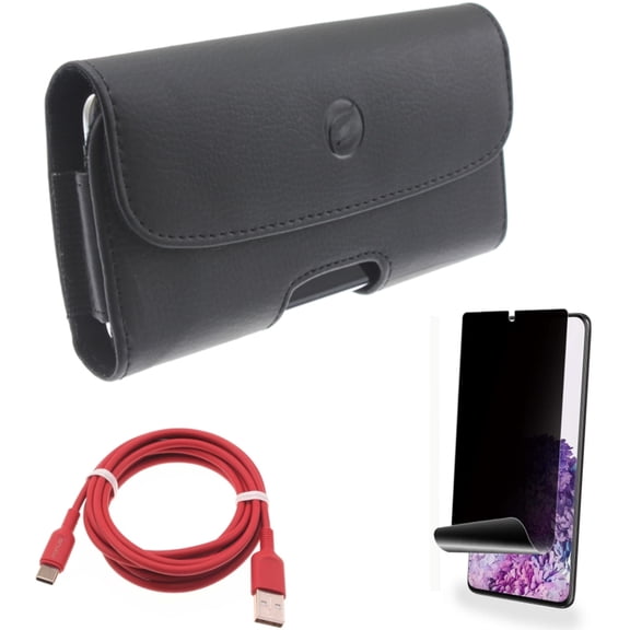 Privacy Screen Protector w Case Belt Clip w 6ft USB-C Cable for Samsung Galaxy S20 Plus - TPU Film [NOT GLASS] [Fingerprint Works], Leather Holster Cover, Red Charger Cord Power fits Galaxy S20 Plus