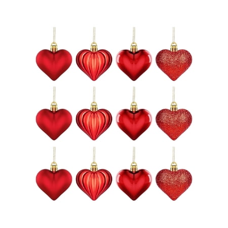 Red 12Pcs Valentines Day Heart Ornaments Romantic Heart Hanging Decoration Heart Valentines Day Party Decoration Red Plastic 1.77 Inches Diameter Includes Glossy Matte Pinstripe Glittery F