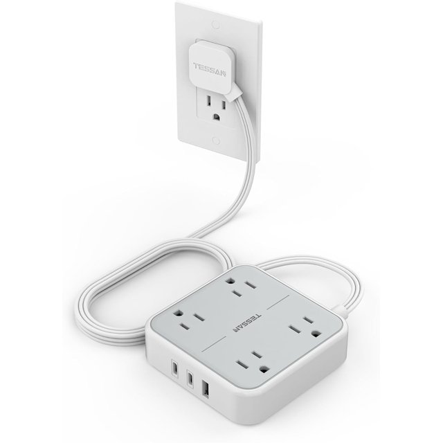 shiyou-Flat Plug Extension Cord Indoor 5 Feet, Power Bars with Surge Protector, Power Strip with 4 Multiple Outlets 3 USB Ports (2 USB C), Surge Protection for Dorm Room Home Office, Gray