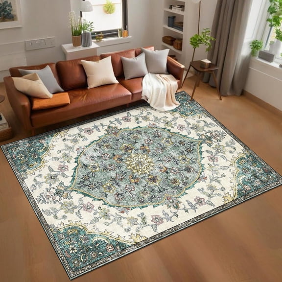 GlowSol 9' x 12' Vintage Floral Area Rug Traditional Non Shedding Non-Slip Throw Carpet Lightweight Soft Foldable Rug for Living Room Bedroom, Green