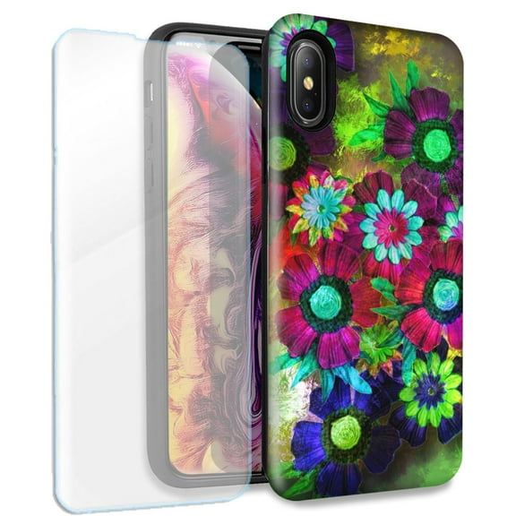 Mundaze Colorful Daisies Double Layer Case w/Glass Screen Protector For Apple iPhone XR