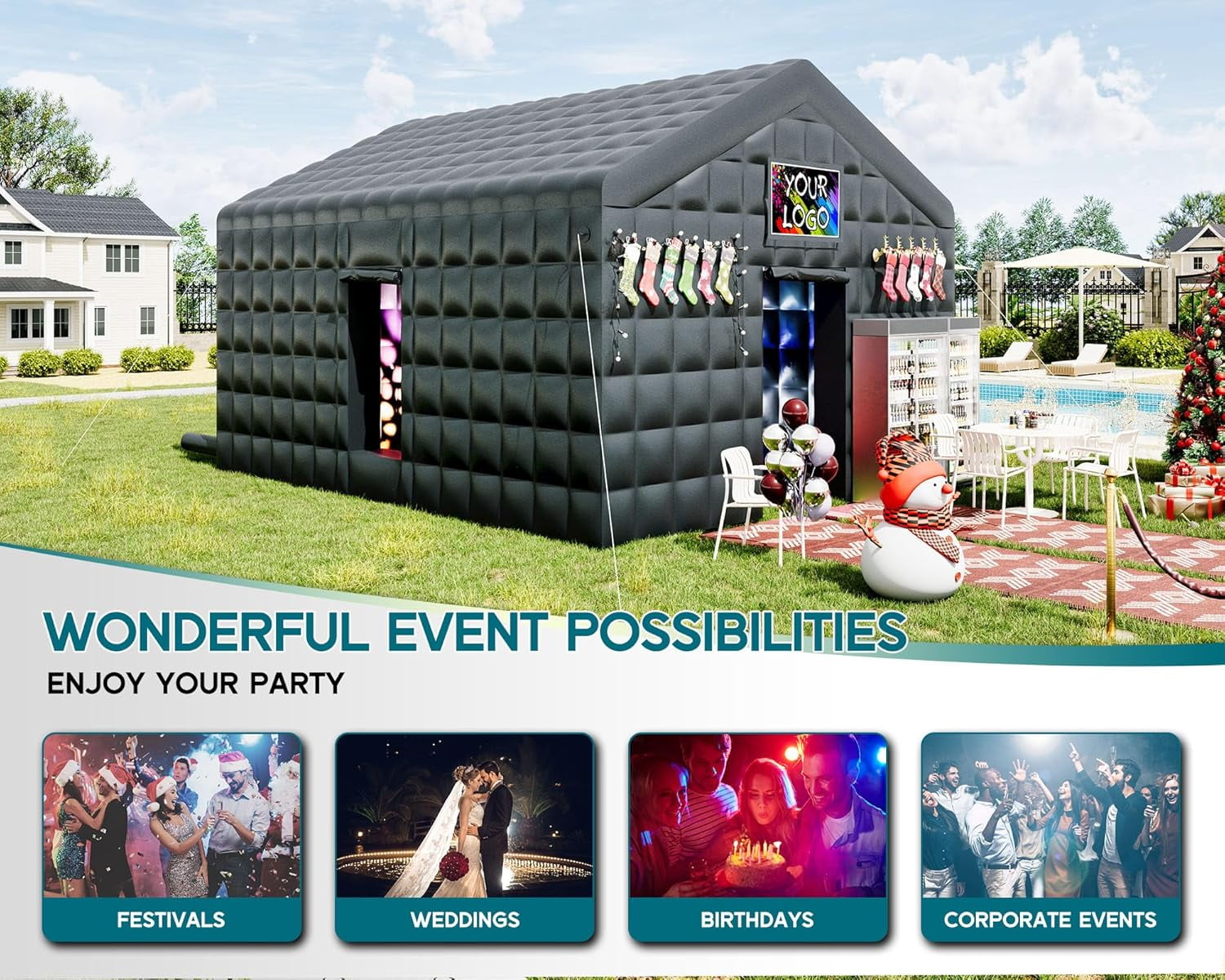 LUXOAK 20x16x14 ft Large Black Inflatable Night Club Tent for Adults with 2 Side Doors, Inflatable Nightclub with Logo Area Gazebo Event House for Wedding Birthday Backyard Party