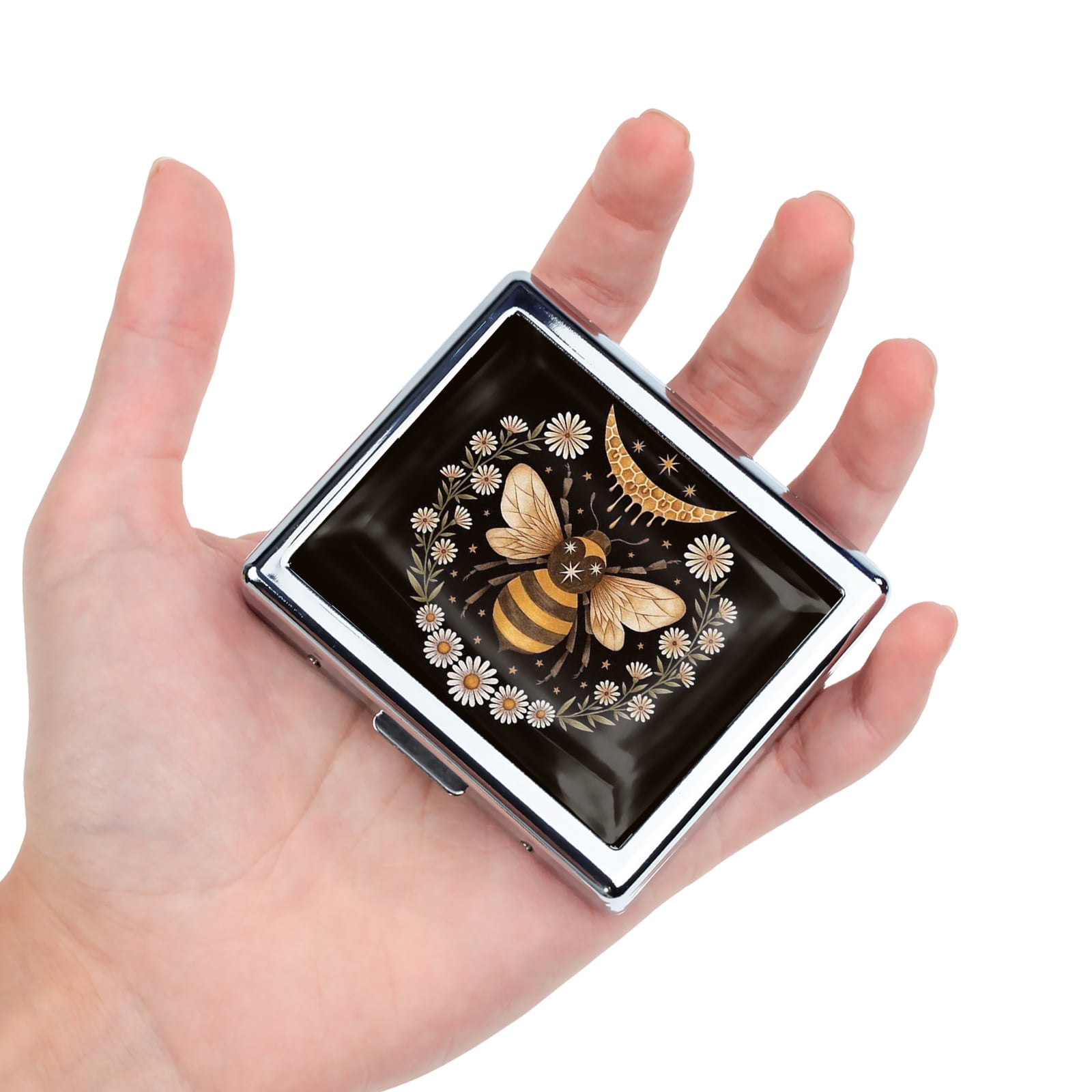 Honey Moon 7 Days Chromed Shiny Silver Pill Organizer with Mirror Inside Has 8 Separate Compartments Rectangle Cute Travel Pill Organizer for Purse 7 Days Pill Box Pill Case