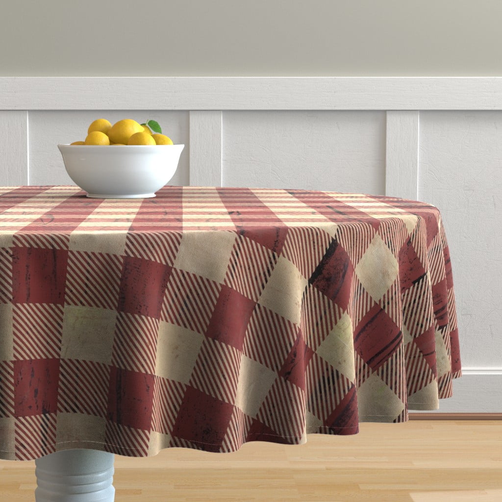Round Tablecloth Rustic Plaid Red And Tan Checked Earthy Buffalo Cotton