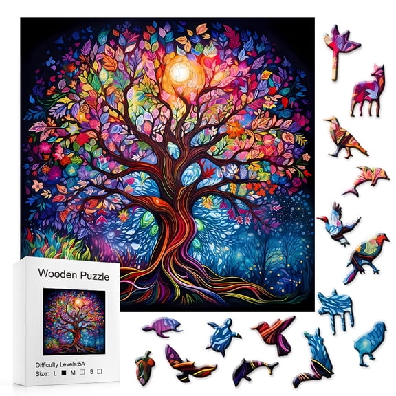 Colorful Tree of Life Wooden Jigsaw Puzzle - 200 Unique Animal Shaped Pieces, 11x11 Inch, Challenging 5A Difficulty, Artistic Home Decor for Adults & Family