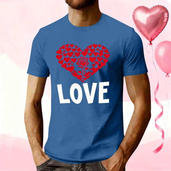 PNTUTB Men's Stylish Valentine's Day Heart Print Crew Neck Short Sleeve Comfort Casual Loose Sports T Shirt