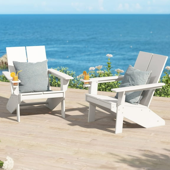WestinTrends Riviera Outdoor HDPE Modern Adirondack Chair with Cup Holder (Set of 2), White
