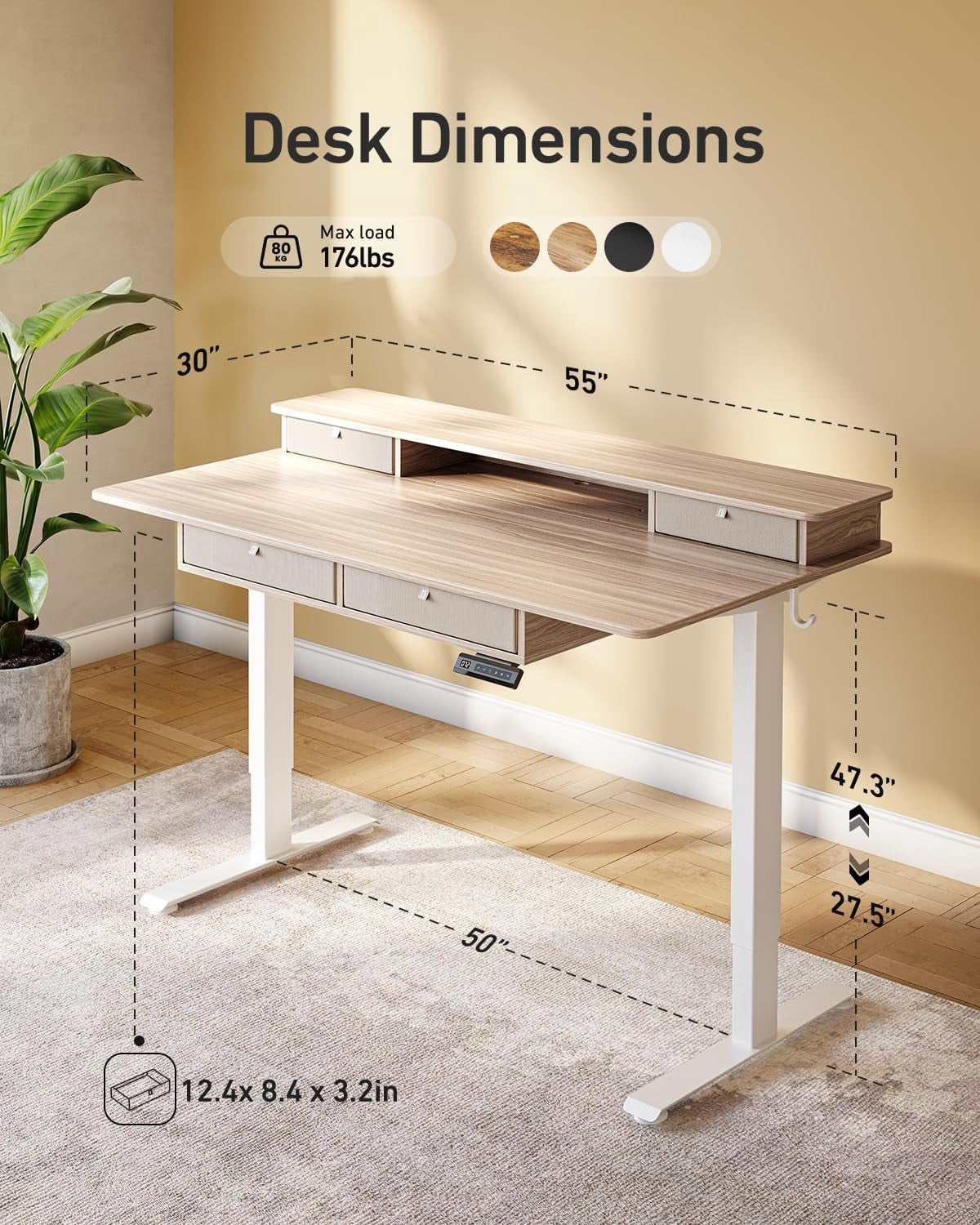 DESINO 55 x 30 Inch Height Adjustable Electric Standing Desk with Drawers, Stand Up Table with Large Storage Shelf, Sit Stand Desk for Home Office, Light Rustic Brown