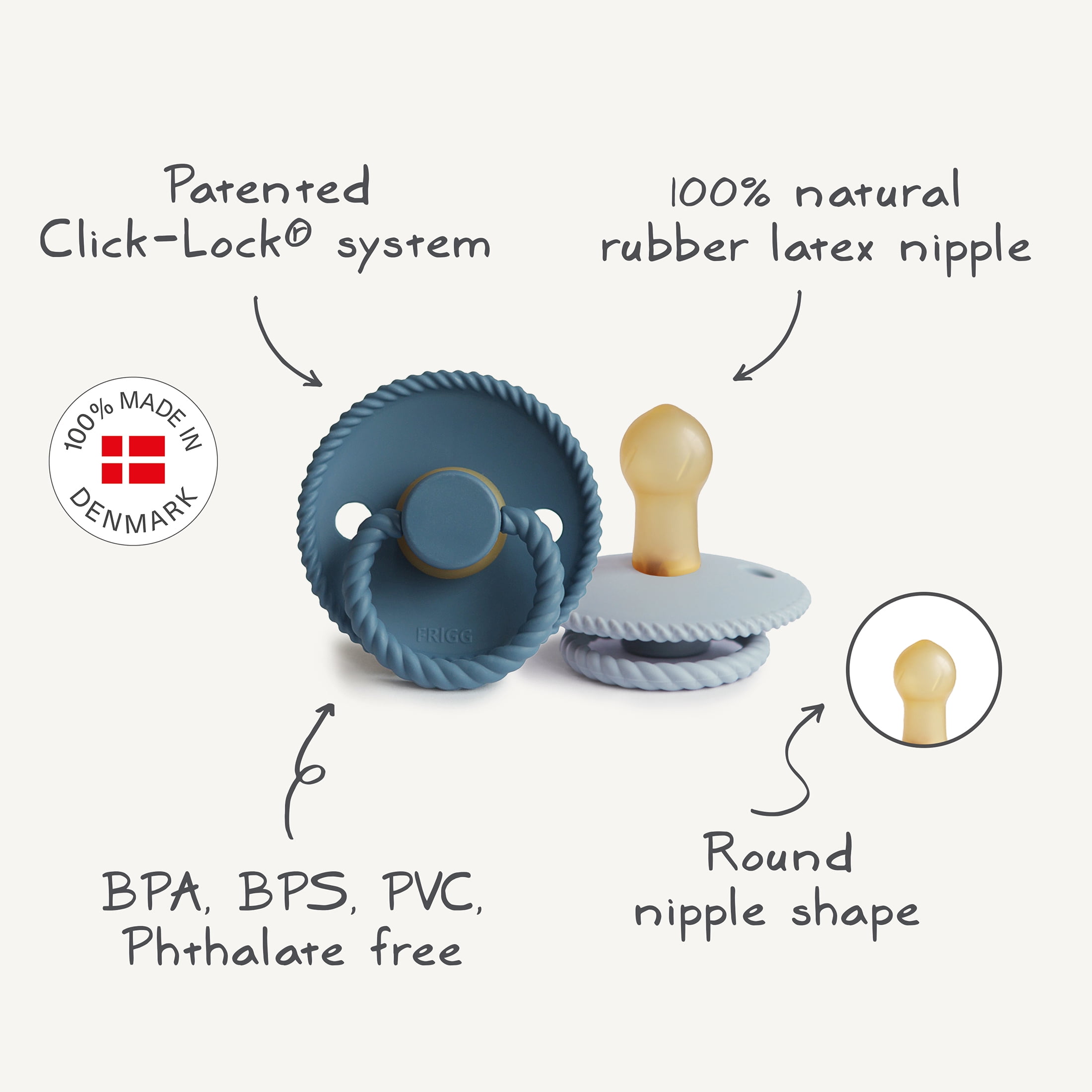FRIGG Rope Natural Rubber Baby Pacifier 2-Pack, 0-6 Months, Powder Blue/Ocean View