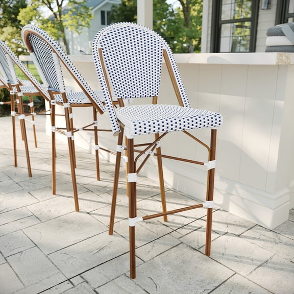 Martha Stewart Indoor-Outdoor Stackable Bistro Bar Stool with Natural Woodgrain Aluminum Finish Frame and White/Navy Woven Rattan Back and Seat