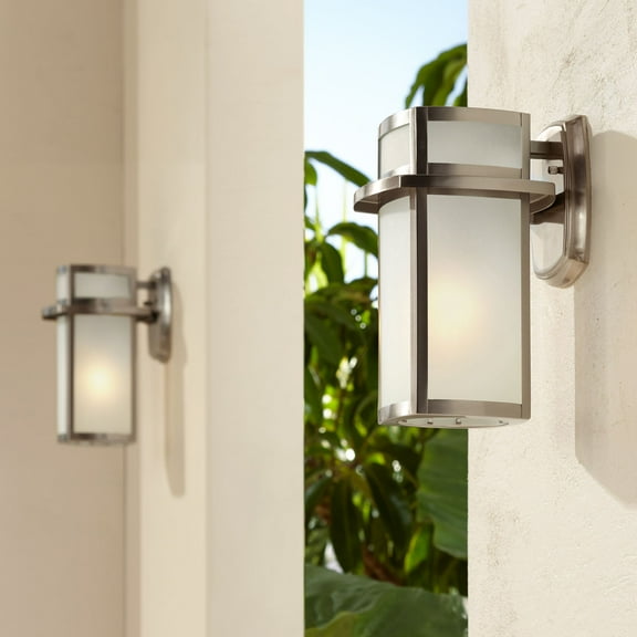 Possini Euro Design Delevan Modern Outdoor Wall Lights Fixture Set of 2 Brushed Nickel 11 1/4" Frosted Seedy Glass for Post Exterior Barn Deck House