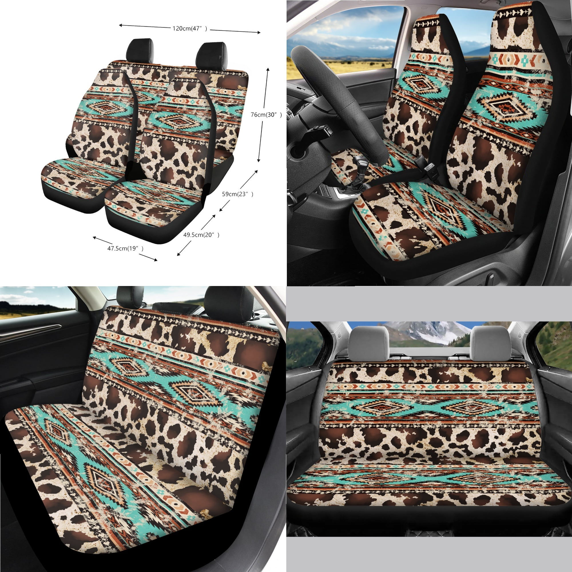 Renewold American Tribal Brown Cow Print Retro Car Seat Cover Full Set 14 PCS, with Steering Wheel Cover Seatbelt Pad Coasters Rubbish Bin Rear View Mirror Armrest Gear Shift Knob Cover Set