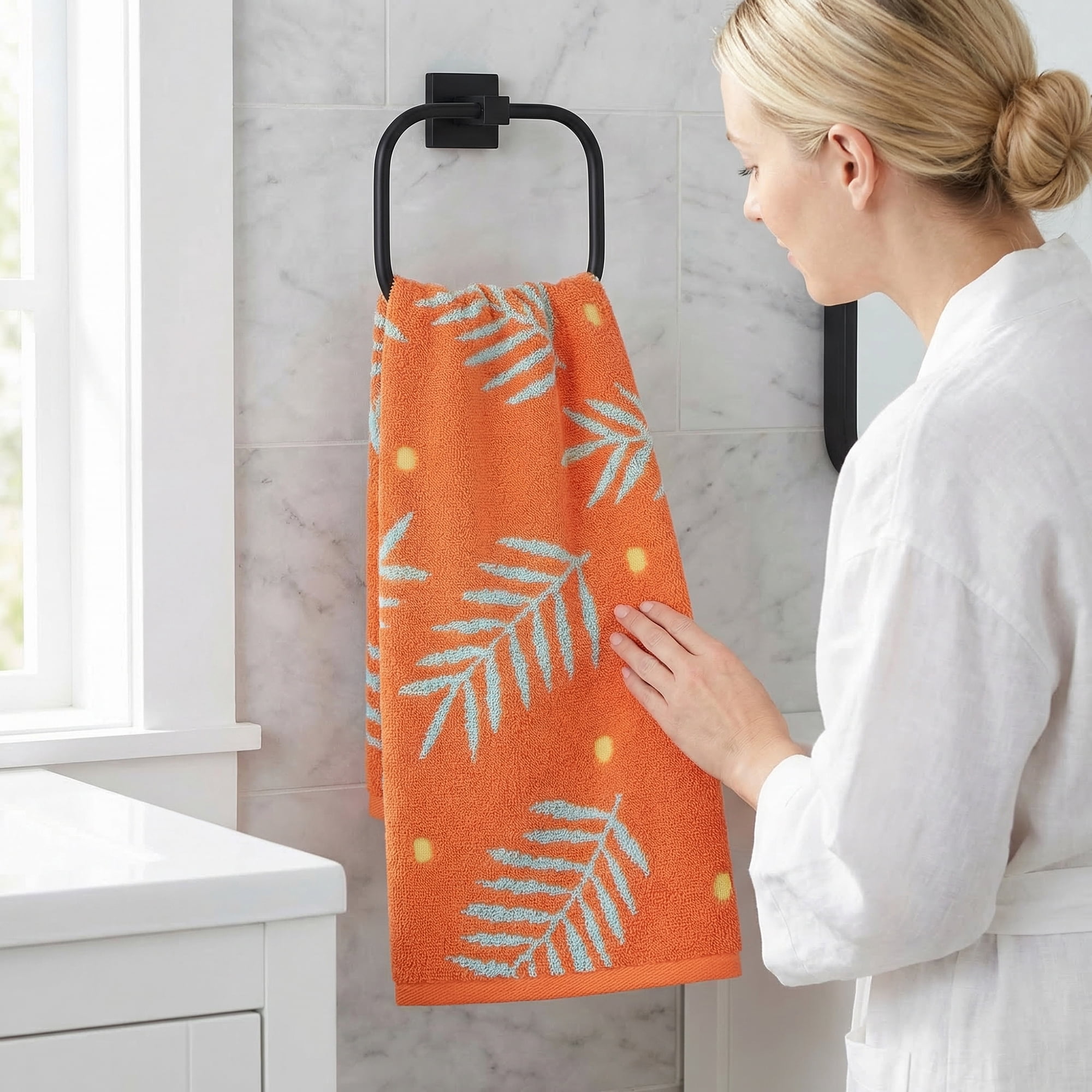 Unique Bargains Cotton Soft Hand Towel Leaf Pattern Absorbent Towel Orange 29" x 13"