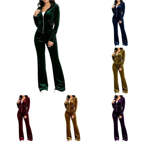 Xijirk Women 2 Piece Velour Tracksuit Zip Up Hooded Jacket and Long Pants Set for Loungewear Daily Street Casual Outfit,Green,S