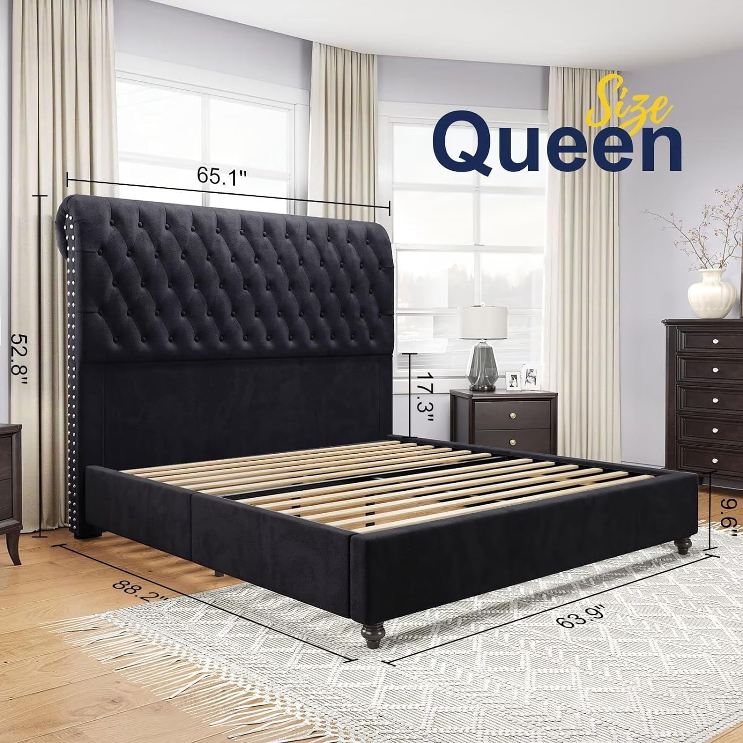 Merluxy Upholstered Queen Bed Frame with Headboard Sleigh Platform Tufted Bed/Black