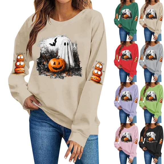 DIOAZUD Womens Halloween Sweatshirts Cute Ghost Print Pullovers Fall Classic Crewneck Long Sleeve Sweater Tops Halloween Costumes