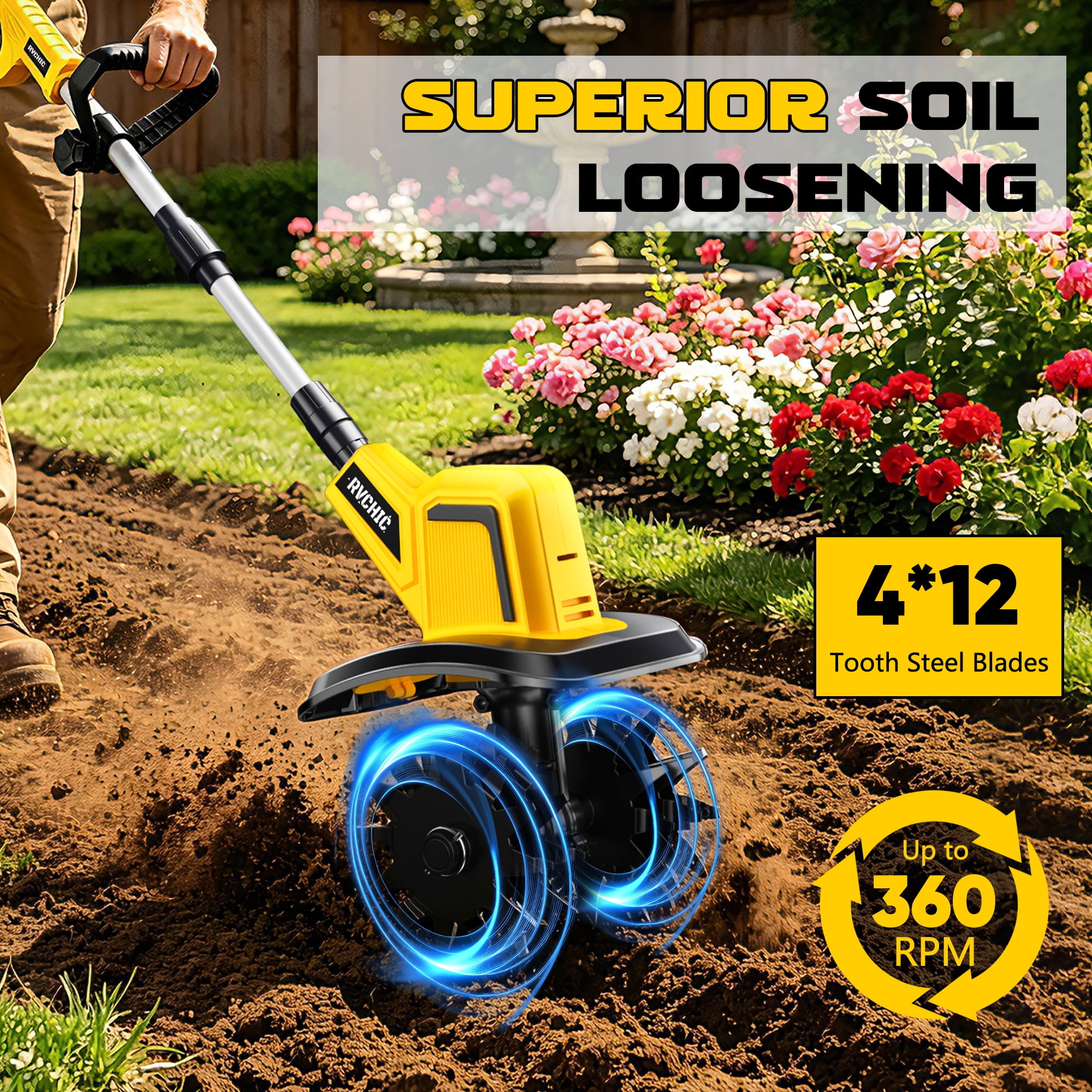 Rvchic 24V Cordless Tiller Cultivator with 2x2000mAh Batteries,360RPM High-Speed,4"Width x 6"Depth for Lawn/Gardening/Soil Cultivation 4 Blades