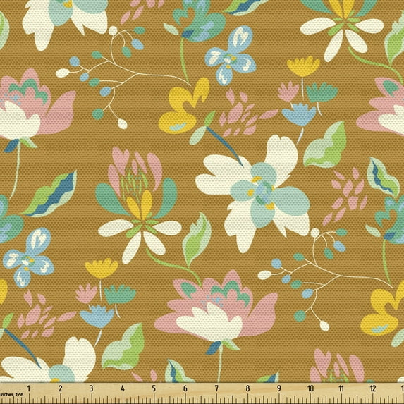Floral Fabric by the Yard, Vintage Flowers Scene in Summer Tones Botanical and Organic Vintage Garden Art, Upholstery Fabric for Dining Chairs Home Decor Accents, Amber Multicolor by Ambesonne