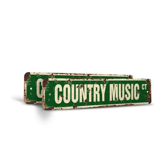 COUNTRY MUSIC Vintage Style Rustic Street Sign – (2 Pack) Hillybilly Music Country Radio C&W Retro Decorative Wall Sign for Home, Bar, Garage, or Outdoor Use | 6" X 24" Plastic Road