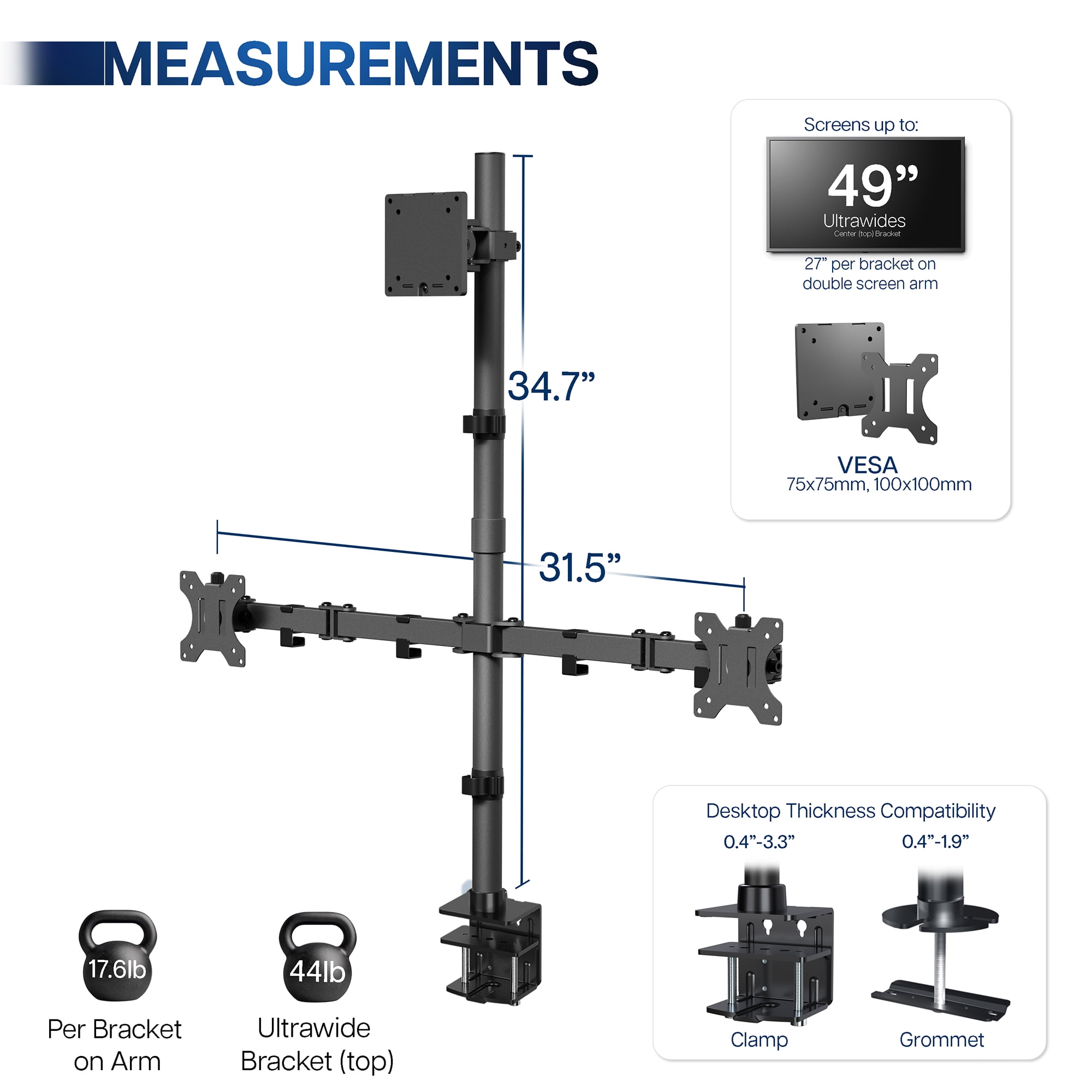 VIVO Triple Computer Monitor Desk Mount, 1 Ultrawide to 49", 2 Standard to 27"