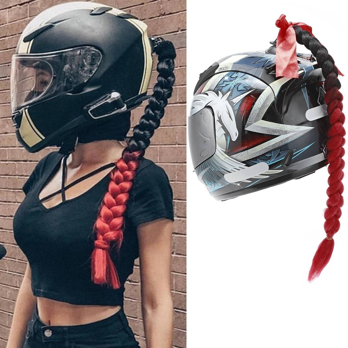 3T-SISTER Helmet Pigtails Gradient Ramp Helmet Braids Ponytail Helmet Hair with Suction Cup with Bowknot or Rose for Motor Bike 1PCS 24inch Many Colors Helmet not Included 