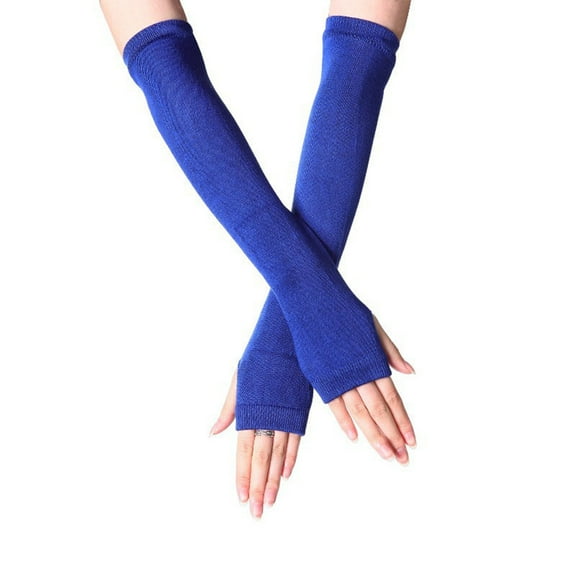 BRGZLK Ladies Stretchy Thumbhole Solid Color Fingerless Arm Warmers Cotton Long Gloves Party Costume Gloves Blue One Size