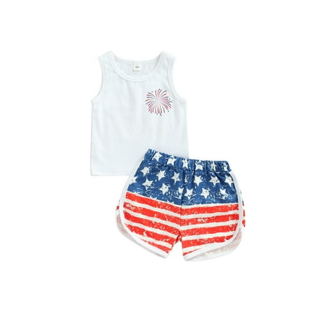 

CenturyX 2PCS Summer Baby Kids Boys Clothing Set Letters Print Sleeveless Tank Top Flag Print Shorts Outfit Clothes White Red 6-12 Months