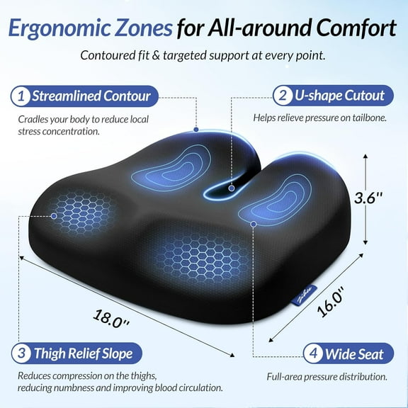 Ergonomic Seat Cushion with Thigh Relief Slope, Office Chair Cushion with Premium Memory Foam for Car, Home, U-Shaped Design Alleviates Hip, Tailbone Pain, Anti-Slip Sciatica Pain Relief Pillow