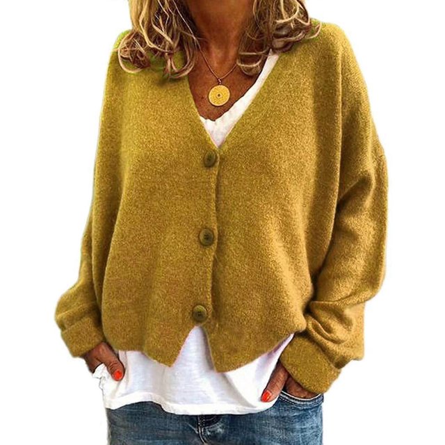 Womens Sweater Knitted Casual V-neck Solid Color Cardigan Sweater