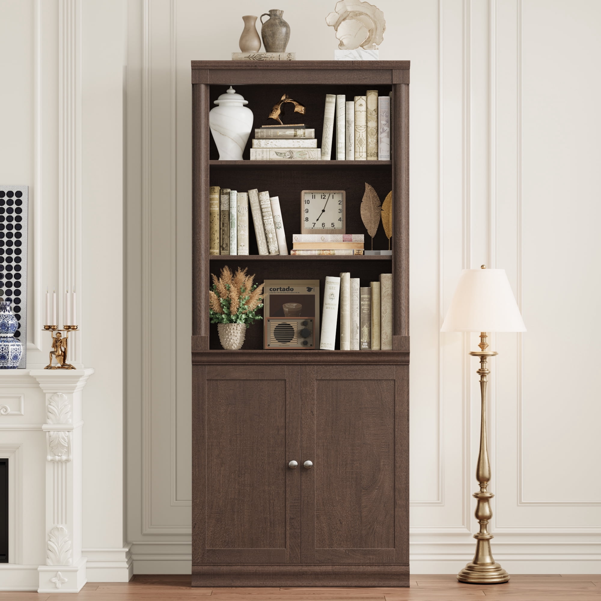Homfa 71"H Bookcase with Doors, 5 Tier Storage Bookshelf with Adjustable Shelf for Study Home Office, Reddish-Brown