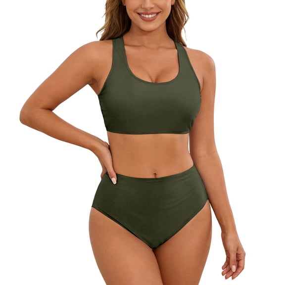 Bainana Two Piece Solid Color Tankini Swimsuit For Women Solid Color Bikini Bathing With Adjustable Ties With Bottom Set Comfortable Breathable Ladies Summer Beachwear Army Green Size L
