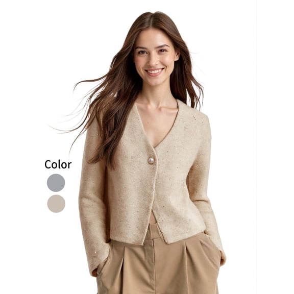 PAOLA RIBONI Chic Light Yellow V-Neck Cardigan with Elegant Pearl Buttons and Flared Sleeves Crafted from Luxuriously Soft Material for Comfortable Wear