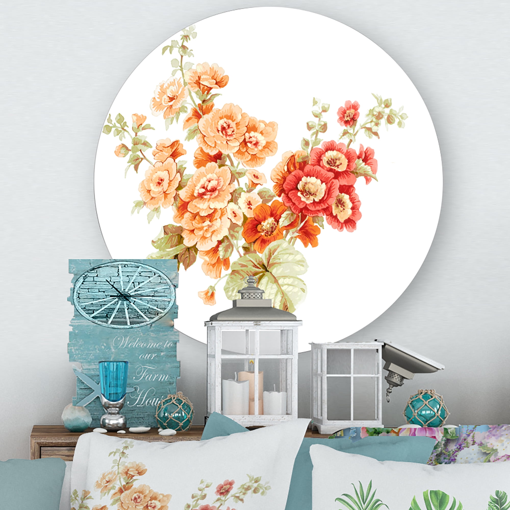 Designart 'Red and Orange Wildflowers' Traditional Circle Metal Wall Art 11x11 - Disc of 11