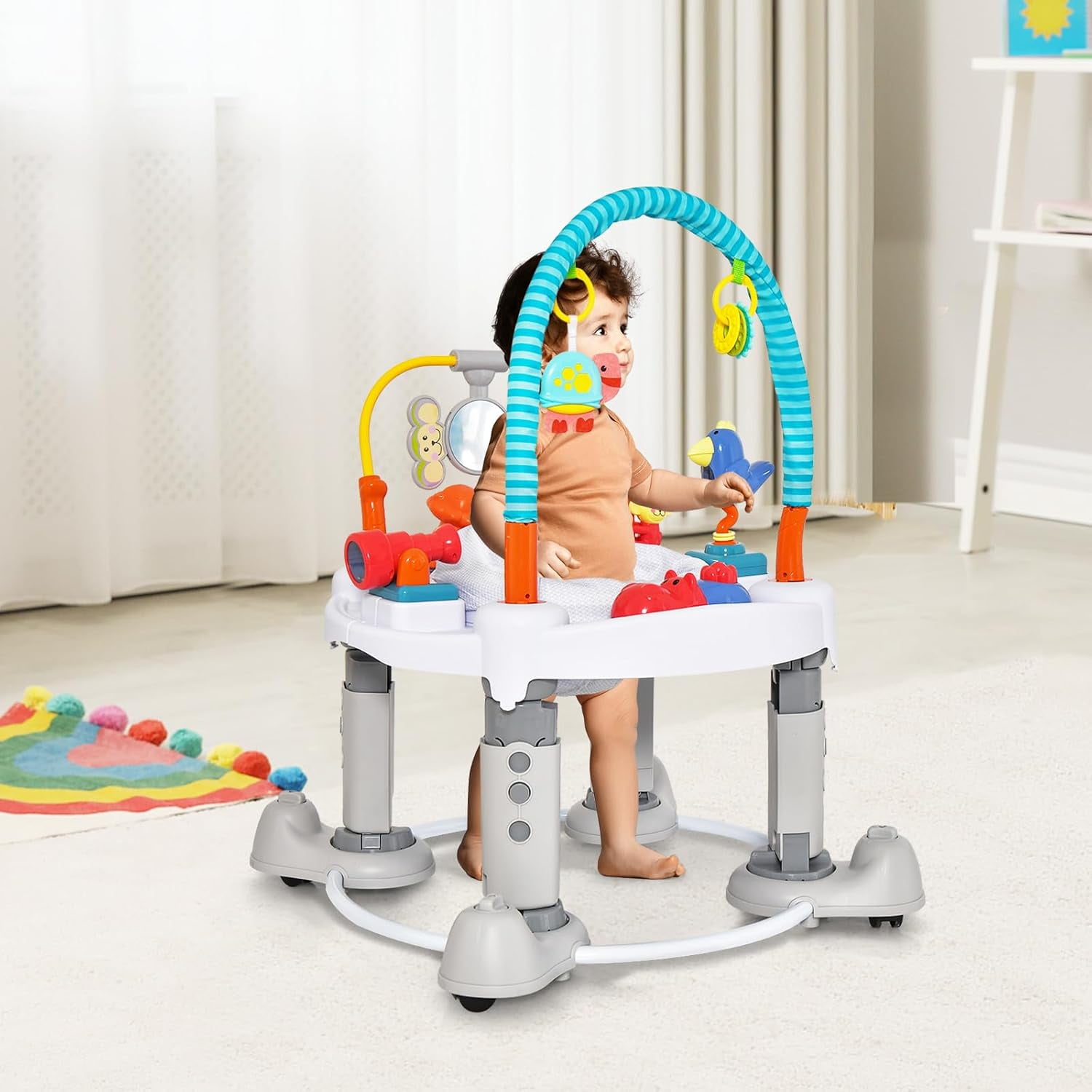 INFANS 5 in 1 Baby Activity Center with 8 Toys, Play Mat, 360°Rotating Seat, Foldable Infant Learning Table with 3 Adjustable Height for 0-24 Months