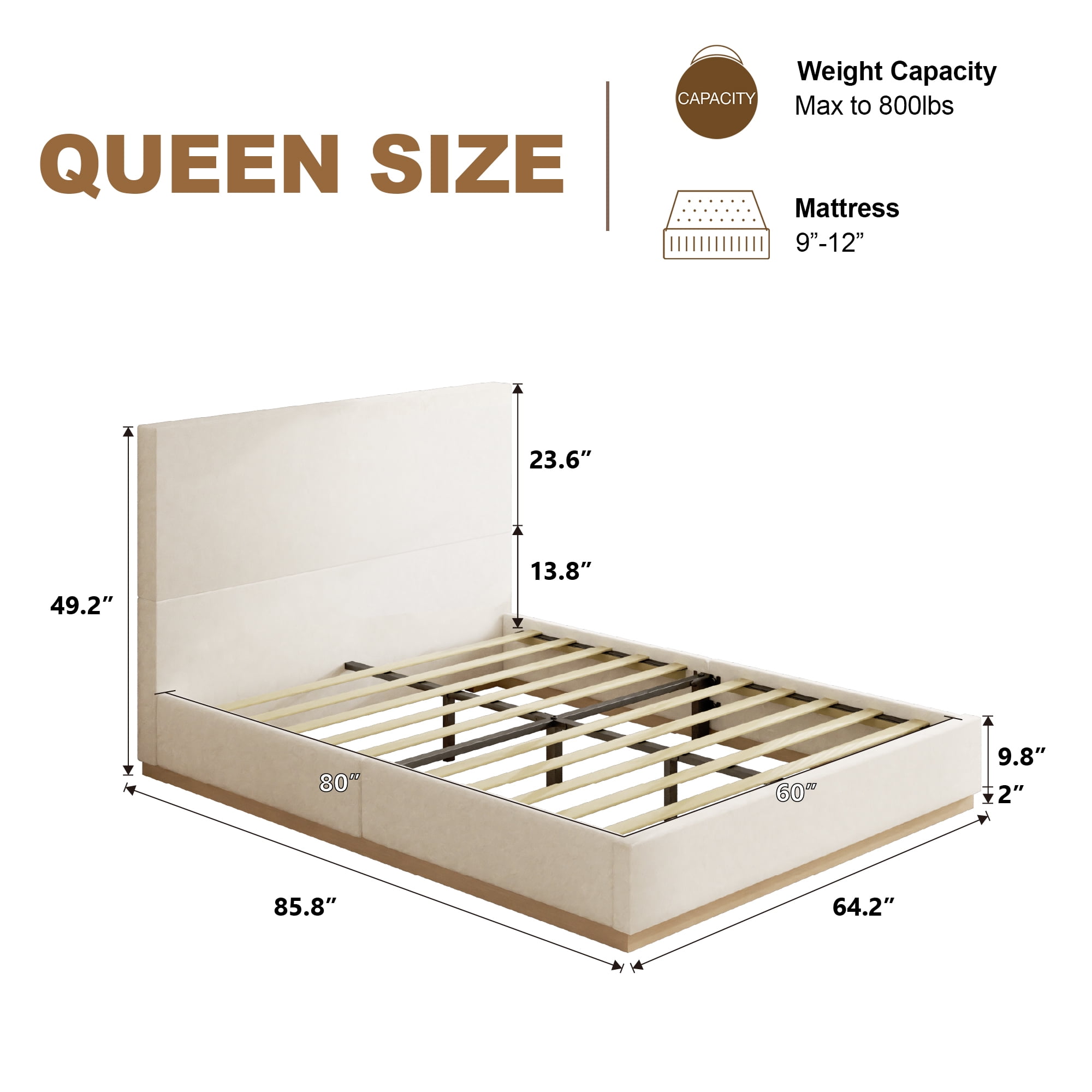 VIPLOV Queen Size Bed Frame with Headboard, Upholstered Bed Frames, with Enclosed Wood Base, Metal Structure & Wood Slats Support,No Noise,Easy Assembly,Beige