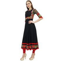 Bimba Women's Long Flared Black Anarkali Kurti Kurta Indian Classic Blouse-12