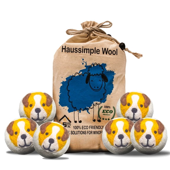 Haussimple Wool Dryer Balls XL Organic Laundry Fabric Softener 6-Pack (Yellow Dogs)