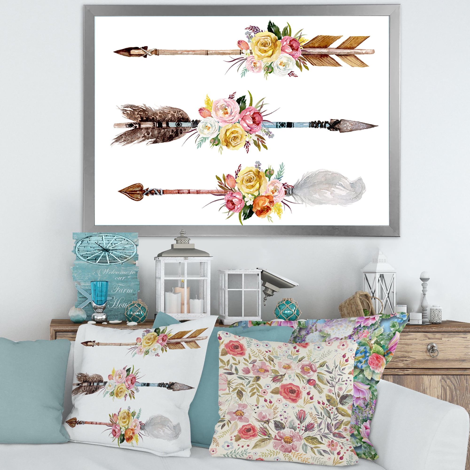 Designart 'Flowers and Ethnic Feathers On Native Arrows II' Bohemian & Eclectic Framed Art Print