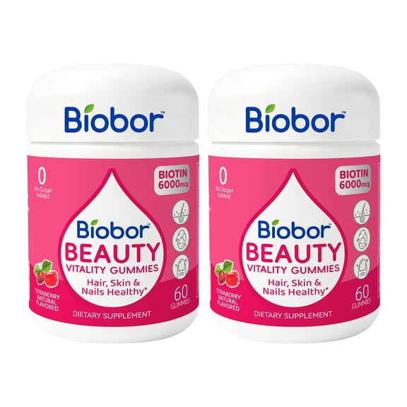 (2 Packs) Biobor Sugar Free Beauty Gummies Hair Skin and Nails Gummies with Vitamins A C E Natural 6000mcg Biotin 60 Count