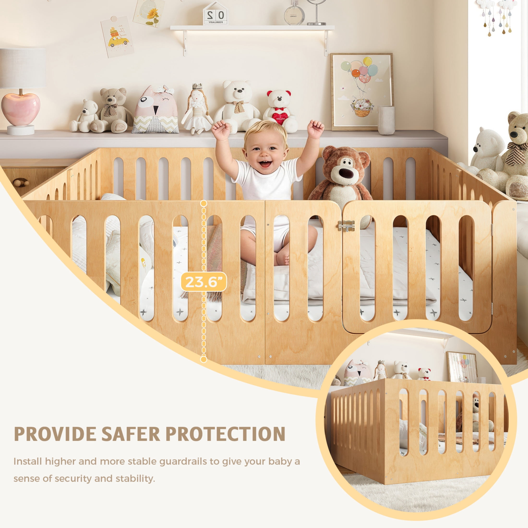 Noble House Queen Size Montessori Floor Bed with High Fence, Solid Wood Kids Bed Frame, Natural